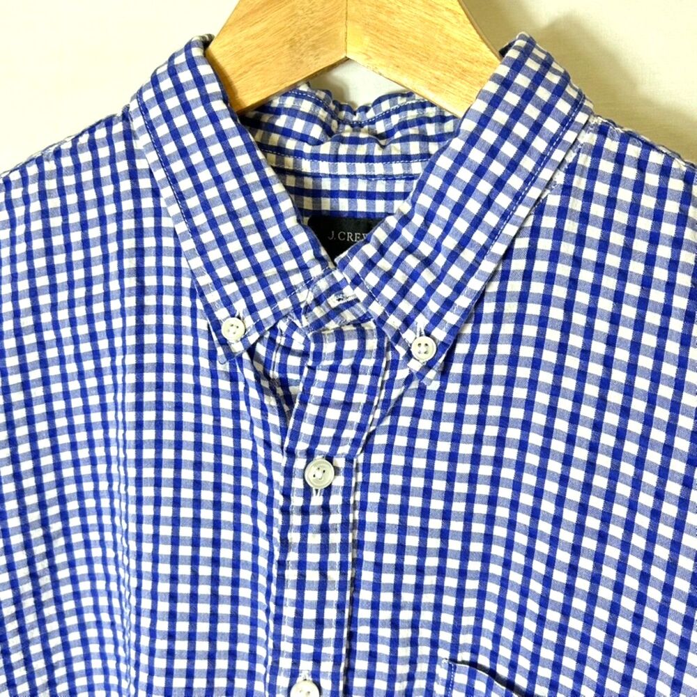 J. Crew Royal Blue White Gingham Check Seersucker SS Buttondown Shirt Sz L - Picture 3 of 16